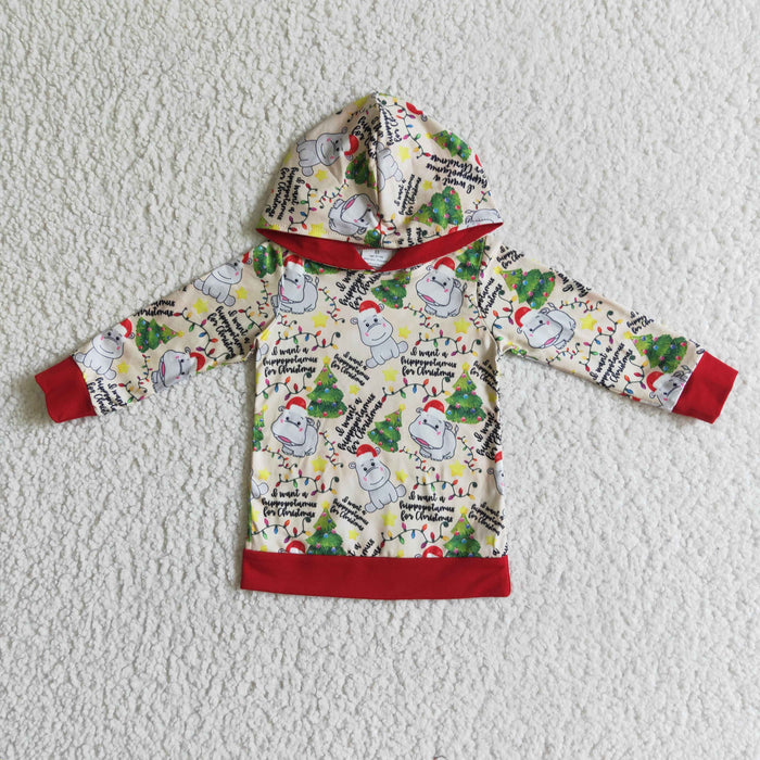 BT0056 Hippo Tree Print Boys Christmas Hoodie Top
