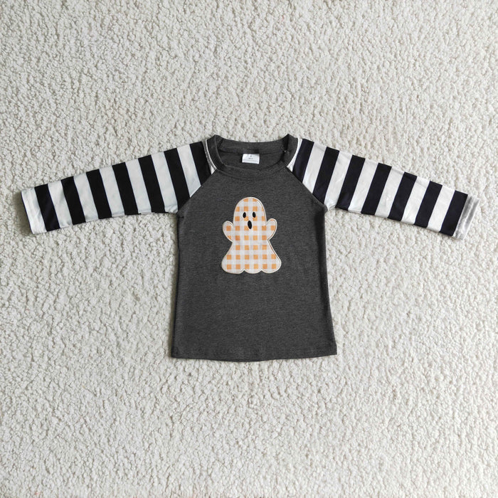 BT0063 Ghost Embroidery Stripes Boys Halloween Tee Shirts Top
