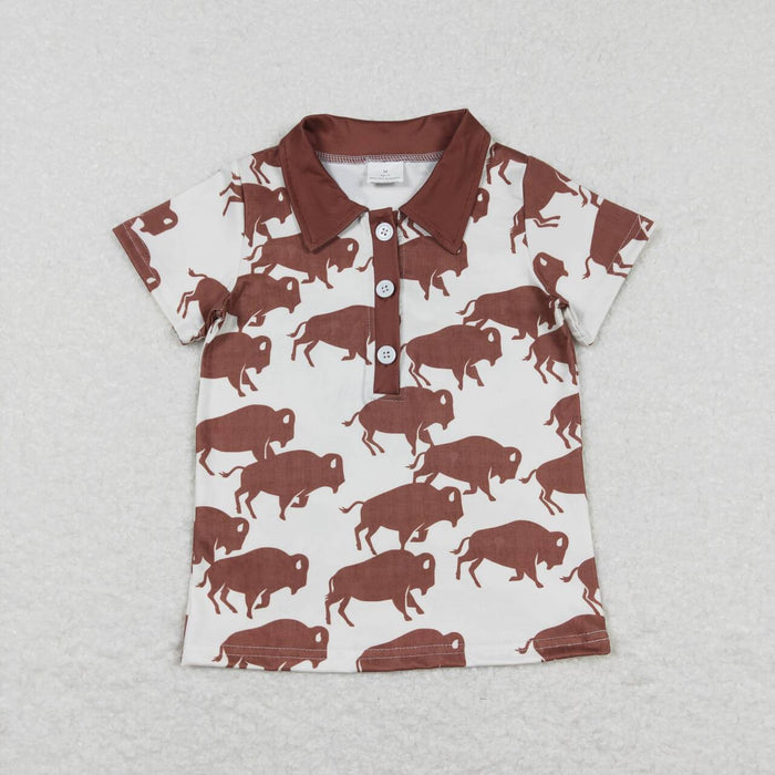 BT0175 Brown Cow Print Boys Western Polo Tee Shirts Top