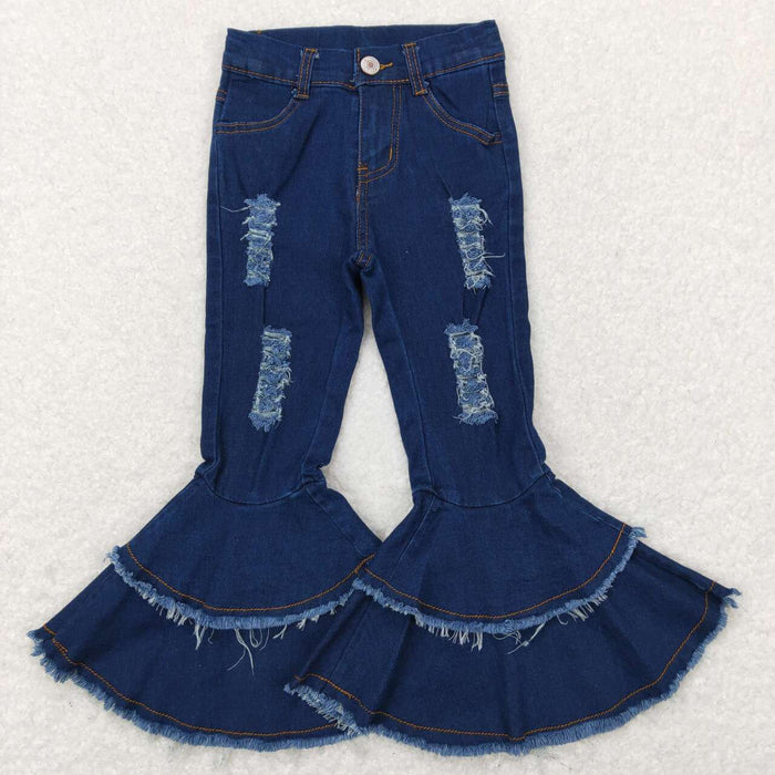 C12-9 Blue Distressed Denim Girls Bell Bottom Jeans