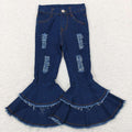 C12-9 Blue Distressed Denim Girls Bell Bottom Jeans