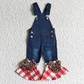 C16-16 Blue Denim Red Checkered Edge Baby Girls Christmas Suspender Overall Jumpsuits