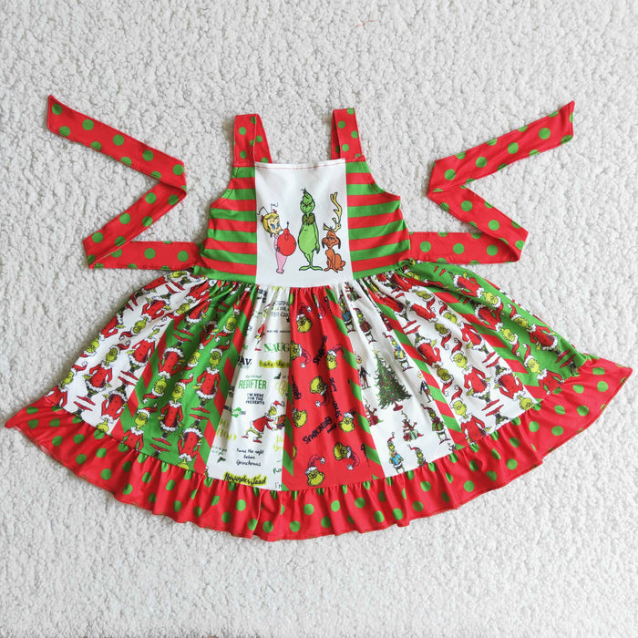 C8-15 Green Frog Girls Christmas Strap Twirl Knee Length Dress