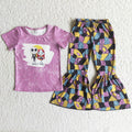 C9-13 Nightmar* Purple Top Patchwork Bell Pants Girls Halloween Clothes Set