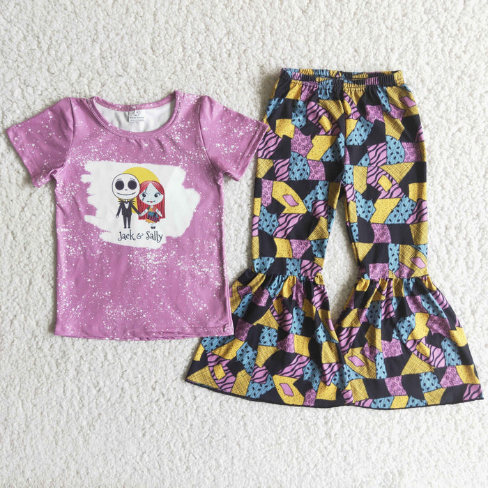 C9-13 Nightmar* Purple Top Patchwork Bell Pants Girls Halloween Clothes Set
