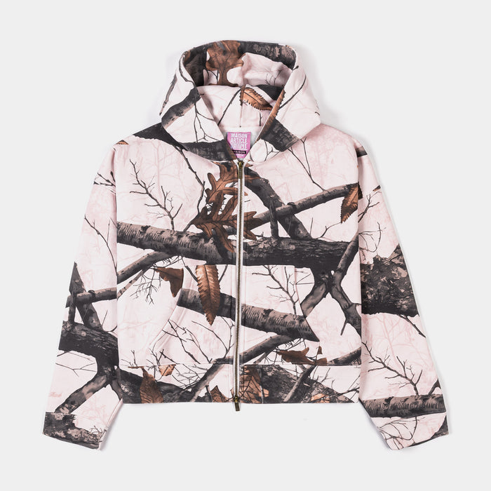 Camo Fleece Cropped Zip Up Womens Hoodie (Pink/Brown)