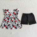 Cartoon Mouse Tunic Top Black Shorts Girls Summer Outfits   D12-1