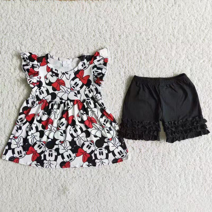 Cartoon Mouse Tunic Top Black Shorts Girls Summer Outfits   D12-1