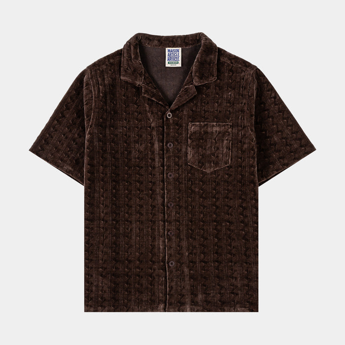 Chenille Button Up Mens Short Sleeve Shirt (Brown)