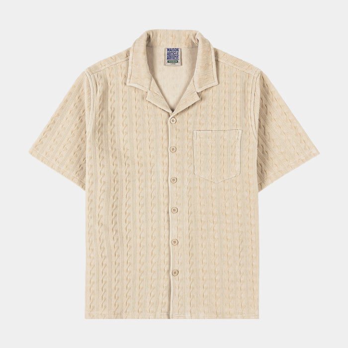 Chenille Button Up Mens Short Sleeve Shirt (Cream)