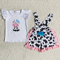 Cow White Top Ruffle Shorts Girls Summer Outfits  B15-24
