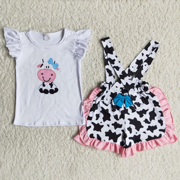 Cow White Top Ruffle Shorts Girls Summer Outfits  B15-24