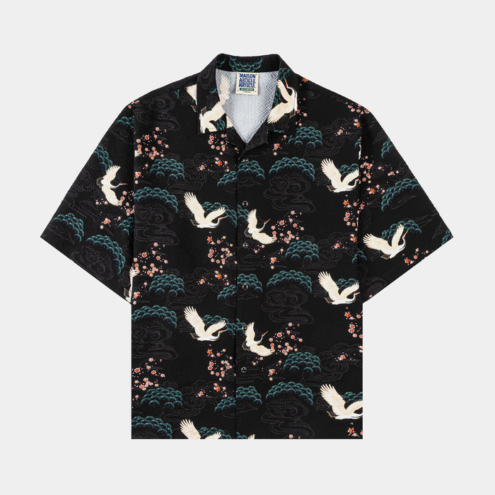 Cranes Seersucker Mens Short Sleeve Shirt (Black/Green)