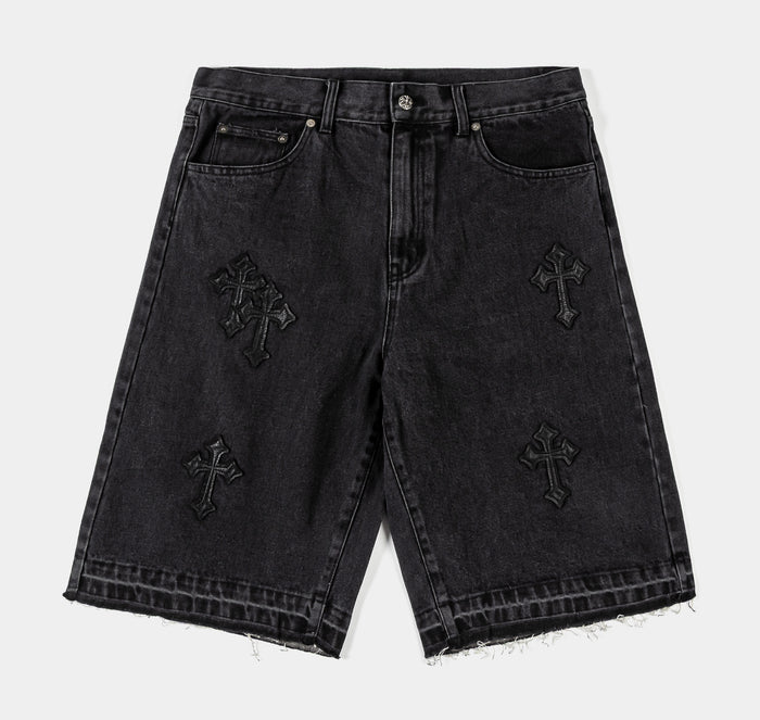 Cross Patch Denim Mens Shorts (Black)