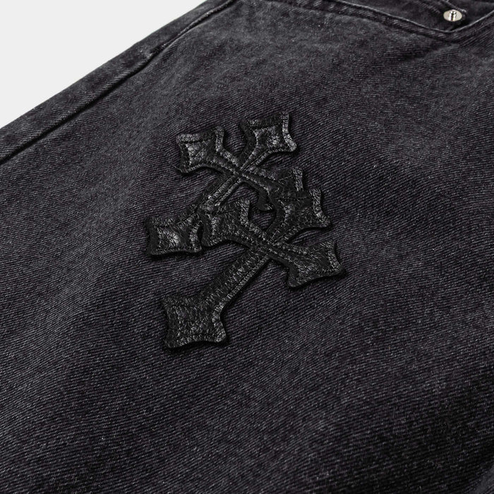 Cross Patch Denim Mens Shorts (Black)