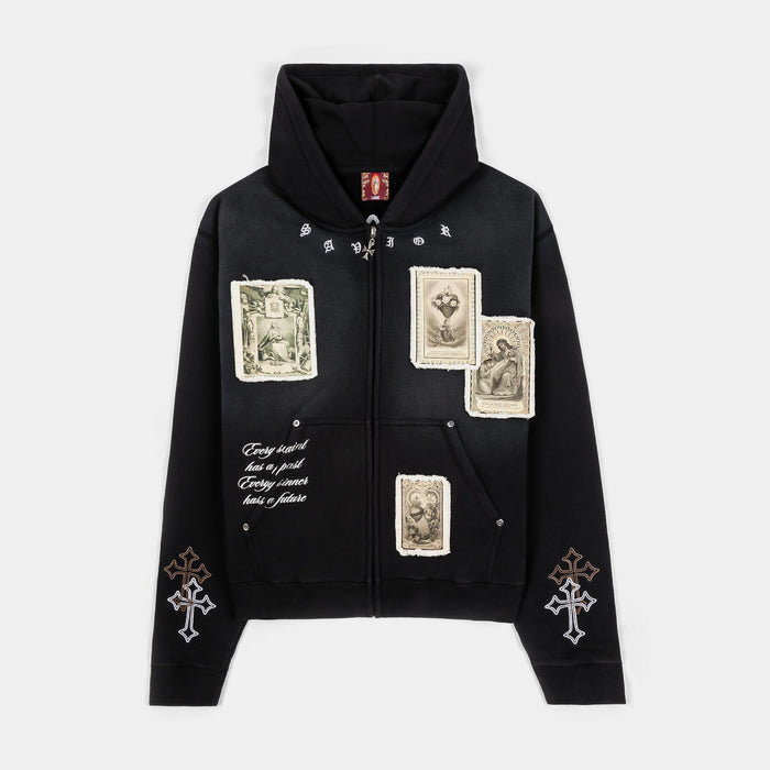 Cross Patched Washed Zip Up Mens Hoodie (Black/White)