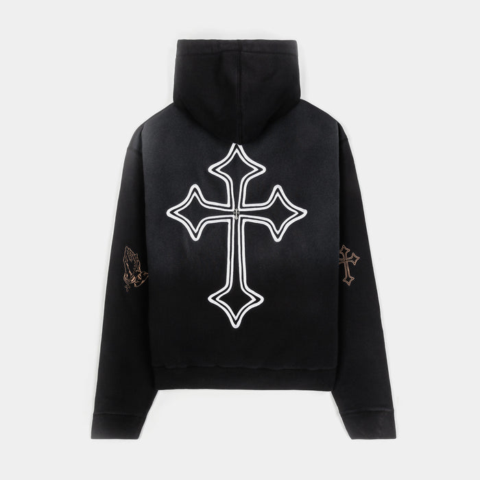 Cross Patched Washed Zip Up Mens Hoodie (Black/White)