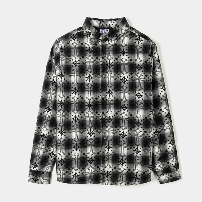 Cross Print Plaid Fleece Button Up Long Sleeve Mens Shirt (Black/White)