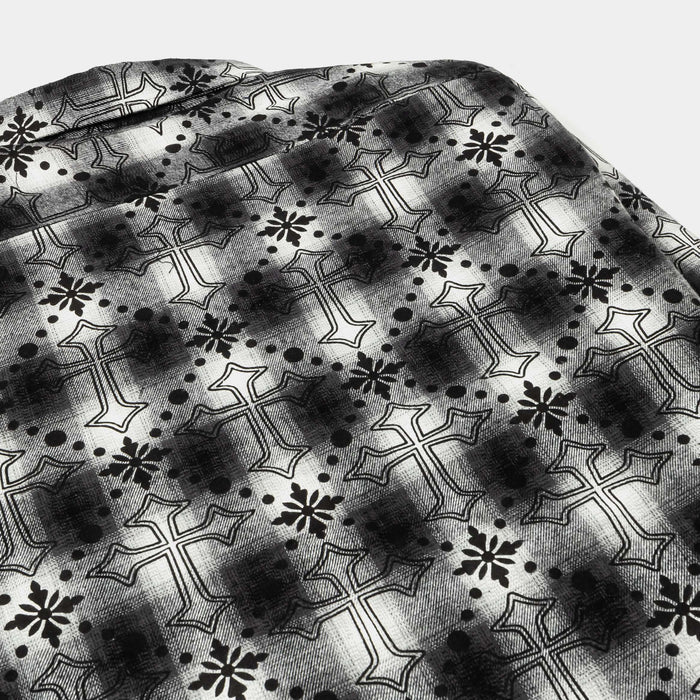 Cross Print Plaid Fleece Button Up Long Sleeve Mens Shirt (Black/White)