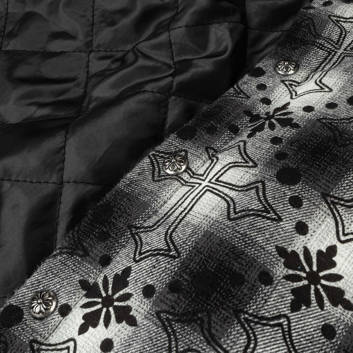 Cross Print Plaid Fleece Button Up Long Sleeve Mens Shirt (Black/White)