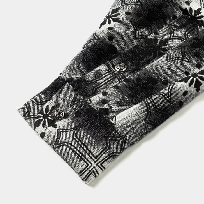 Cross Print Plaid Fleece Button Up Long Sleeve Mens Shirt (Black/White)