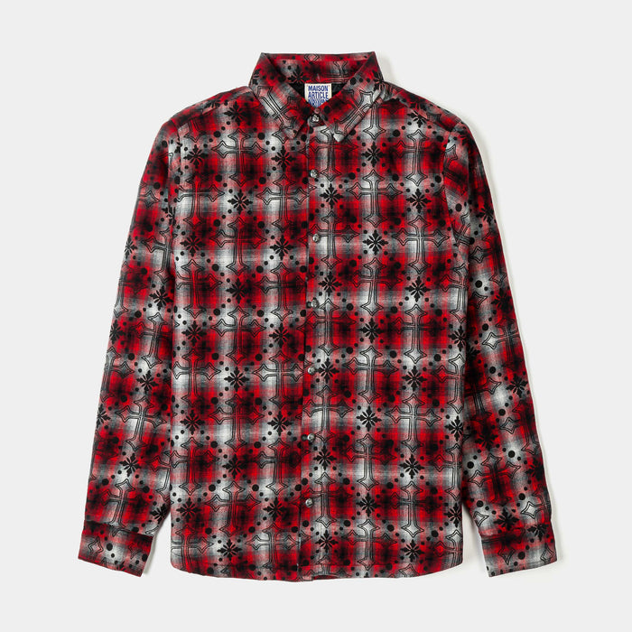 Cross Print Plaid Fleece Button Up Long Sleeve Mens Shirt (Red/Black)