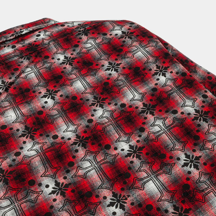 Cross Print Plaid Fleece Button Up Long Sleeve Mens Shirt (Red/Black)