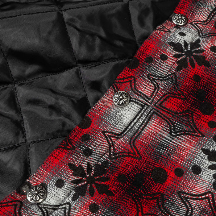 Cross Print Plaid Fleece Button Up Long Sleeve Mens Shirt (Red/Black)