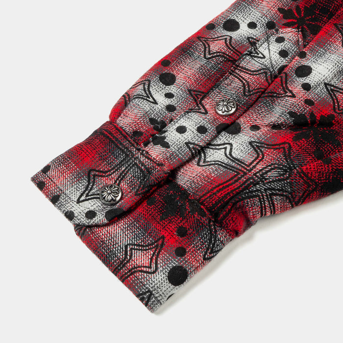 Cross Print Plaid Fleece Button Up Long Sleeve Mens Shirt (Red/Black)