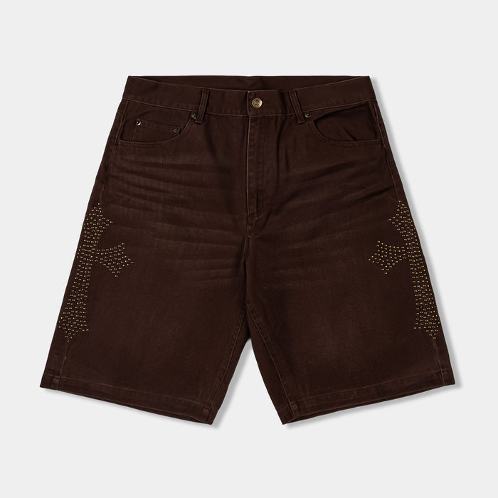 Cross Stud Denim Mens Shorts (Brown/Brown)