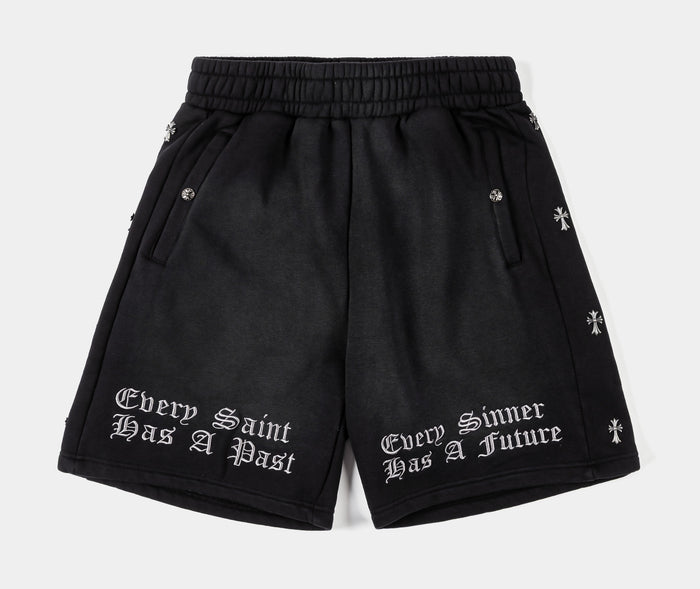 Crosses Embroidered Long Fleece Mens Shorts (Black)