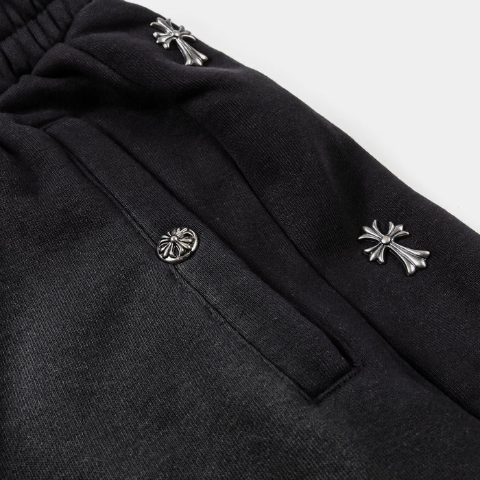 Crosses Embroidered Long Fleece Mens Shorts (Black)
