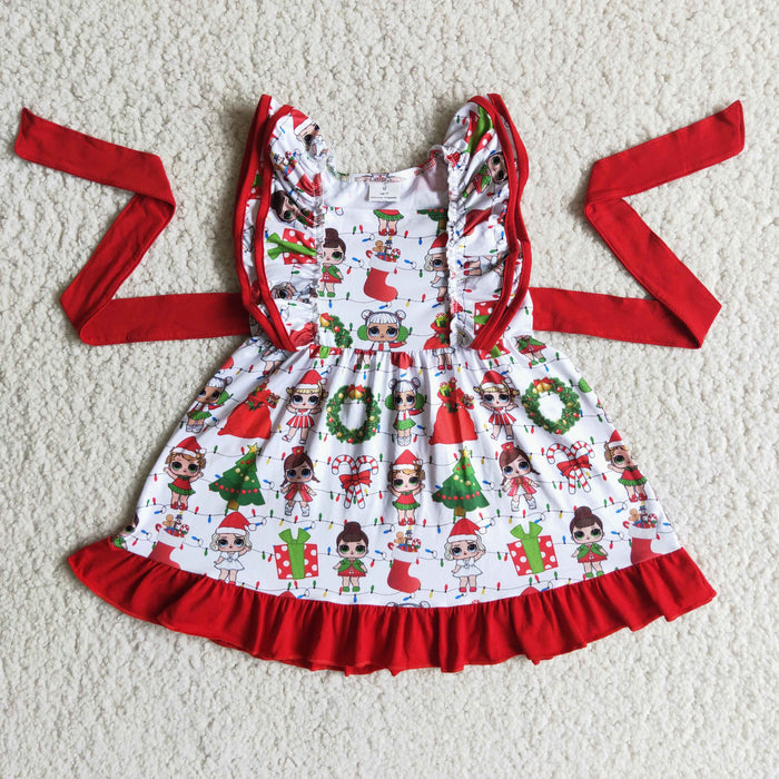 D1-1  Surprise Girl Holly Candy Print Girls Christmas Flutter Sleeve Knee Length Dress