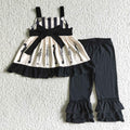 D1-12 Cartoon Friends Skull Strap Tunic Top Black Ruffle Pants Girls Halloween Clothes Set