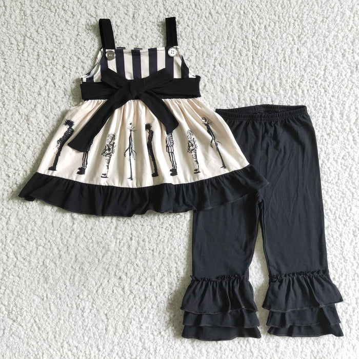 D1-12 Cartoon Friends Skull Strap Tunic Top Black Ruffle Pants Girls Halloween Clothes Set