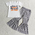 D4-19 Batty BOO White Top Bat Leopard Bell Pants Girls Halloween Clothes Set