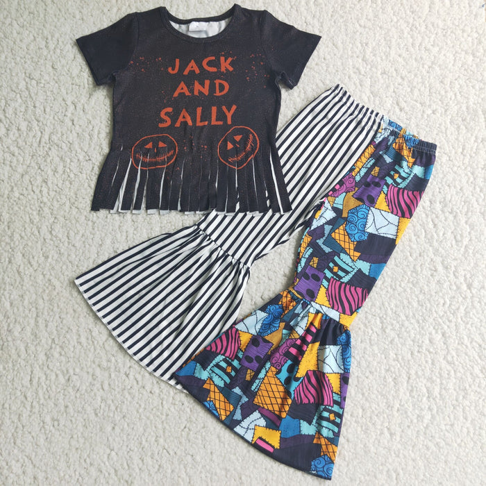 E4-12 Nightmar* Cartoon Tassel Top Bell Pants Girls Halloween Clothes Set