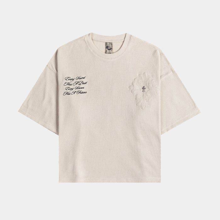 Embroidered Cross Thermal Mens Short Sleeve Shirt (Beige/Beige)