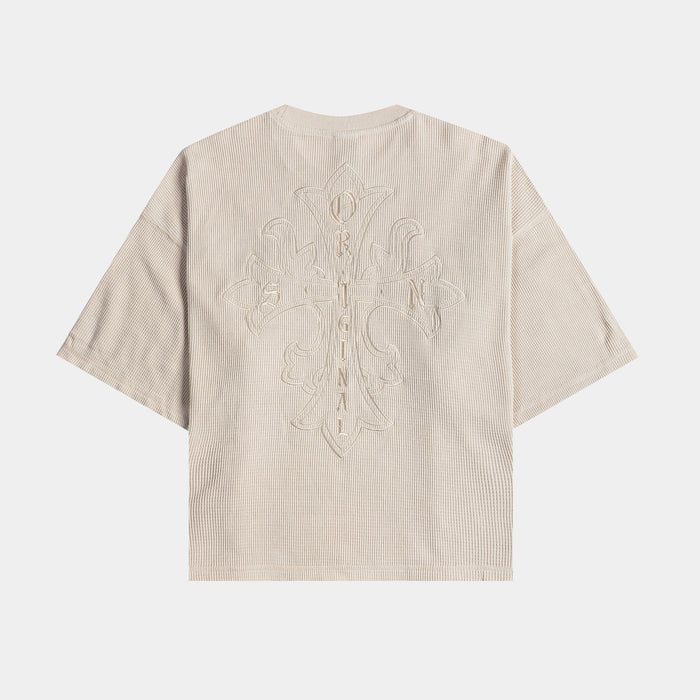 Embroidered Cross Thermal Mens Short Sleeve Shirt (Beige/Beige)