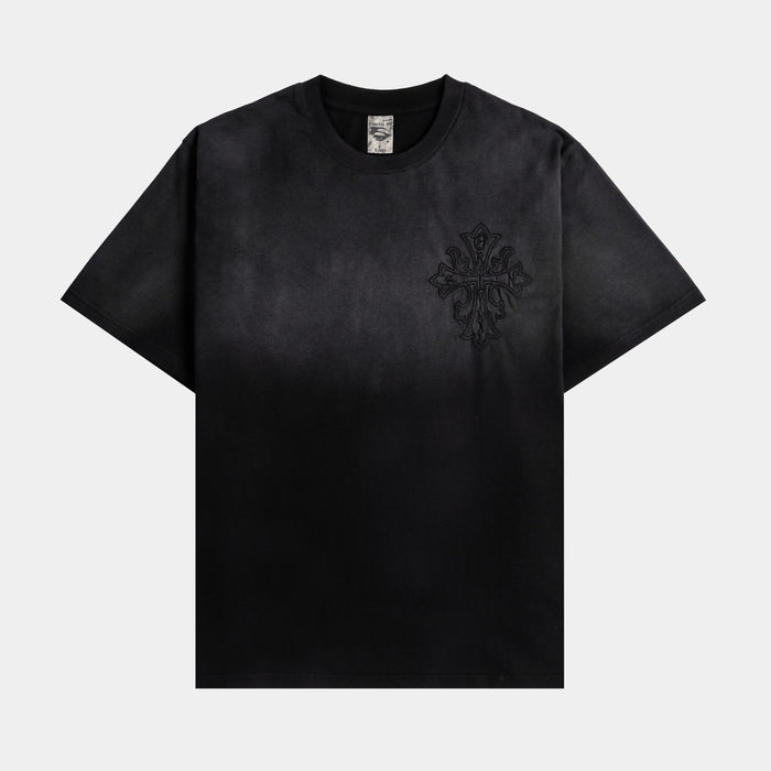 Embroidered Cross Washed Mens Short Sleeve Shirt (Black/Grey)