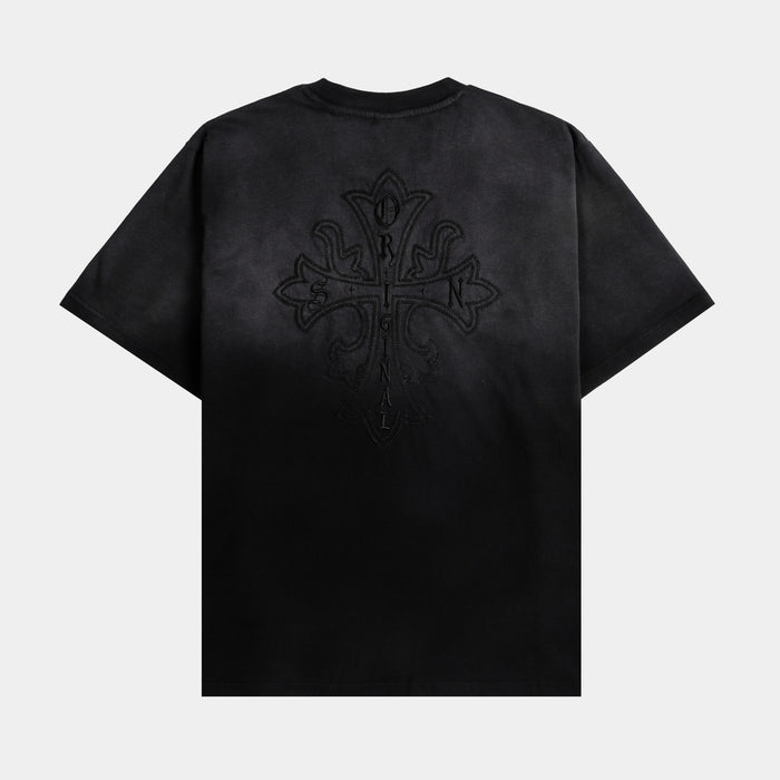 Embroidered Cross Washed Mens Short Sleeve Shirt (Black/Grey)