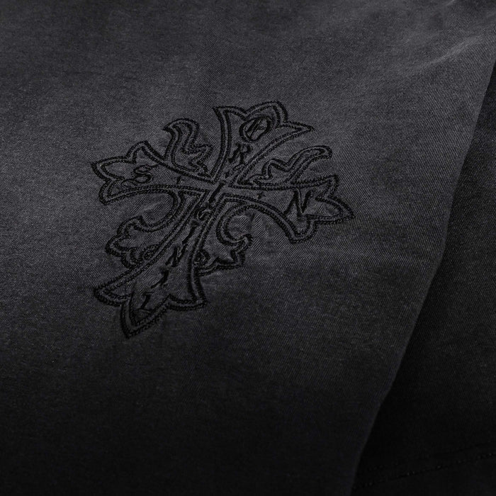 Embroidered Cross Washed Mens Short Sleeve Shirt (Black/Grey)