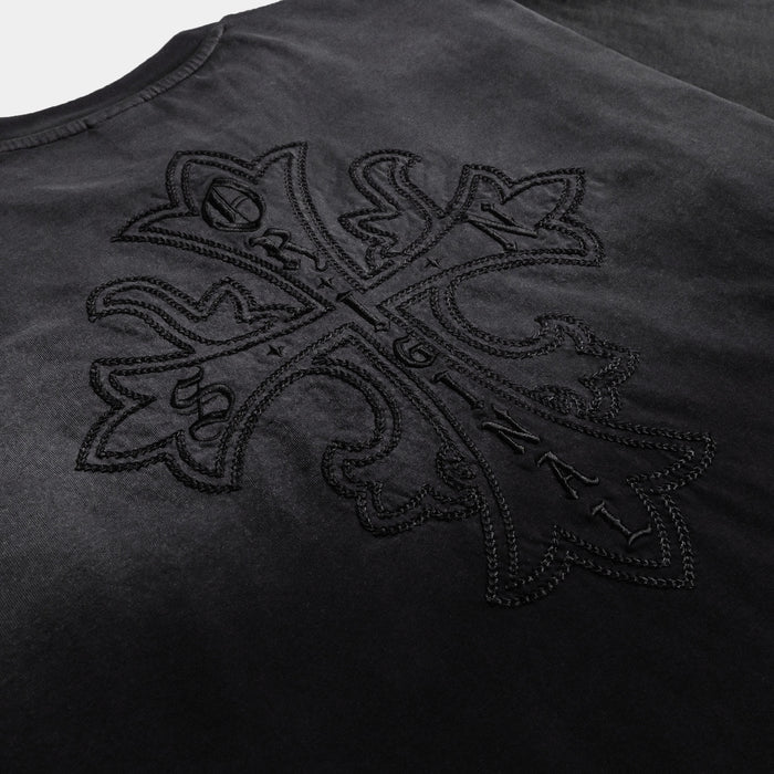 Embroidered Cross Washed Mens Short Sleeve Shirt (Black/Grey)