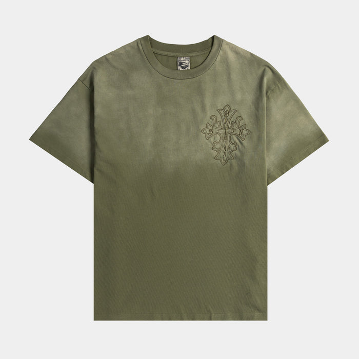 Embroidered Cross Washed Mens Short Sleeve Shirt (Olive)