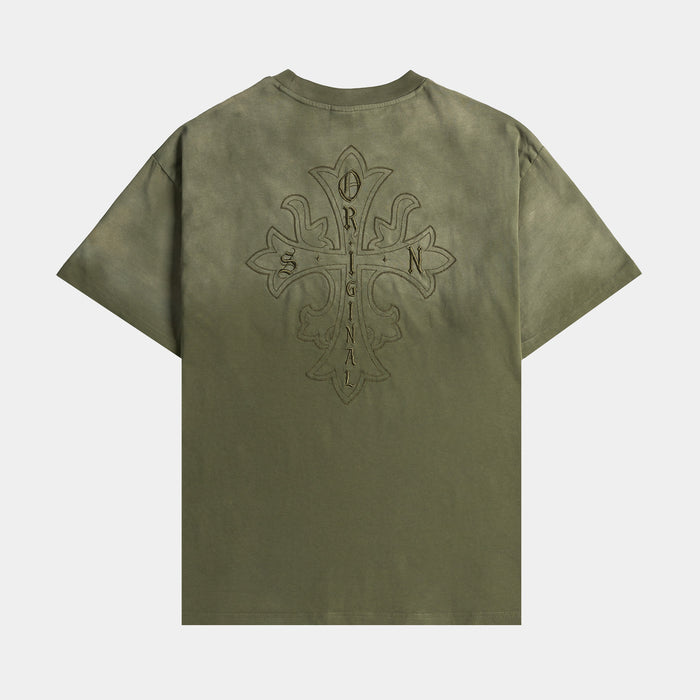 Embroidered Cross Washed Mens Short Sleeve Shirt (Olive)
