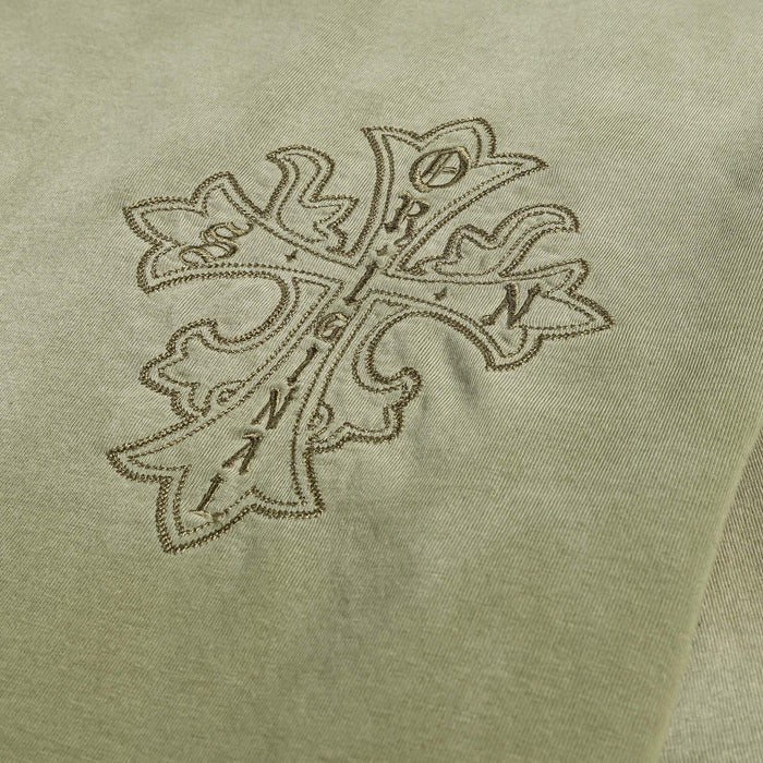 Embroidered Cross Washed Mens Short Sleeve Shirt (Olive)
