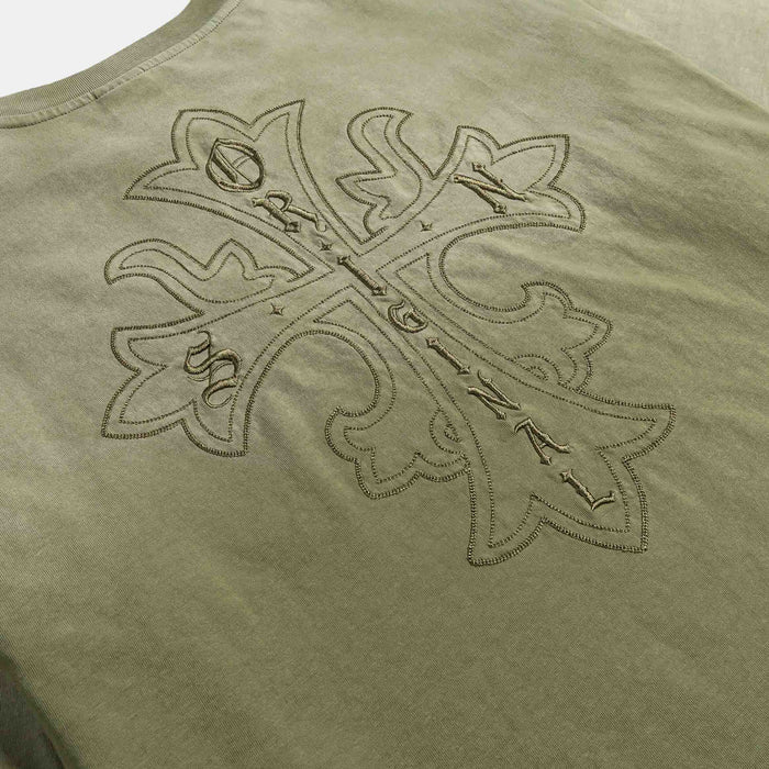 Embroidered Cross Washed Mens Short Sleeve Shirt (Olive)