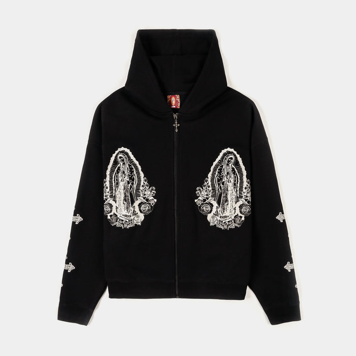Embroidered Guadalupe Cropped Washed Zip Up Mens Hoodie (Black/Beige)