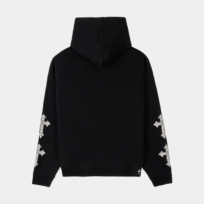 Embroidered Guadalupe Cropped Washed Zip Up Mens Hoodie (Black/Beige)