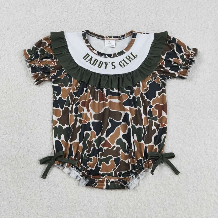 Embroidery  Daddy's Girl Green Camo Short Sleeve Bubble Romper With Bow